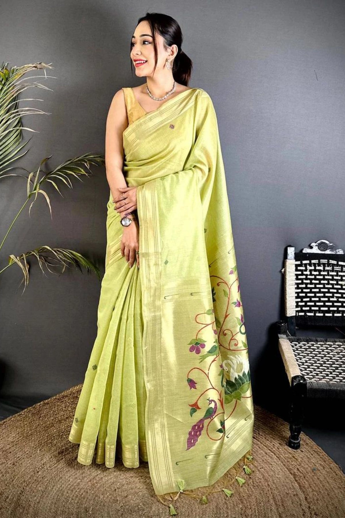Lime Green Floral Pallu Saree