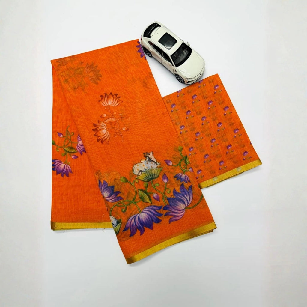 Tangerine Orange Linen Silk Saree with Lotus & Cow Print