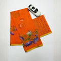 Tangerine Orange Linen Silk Saree with Lotus & Cow Print