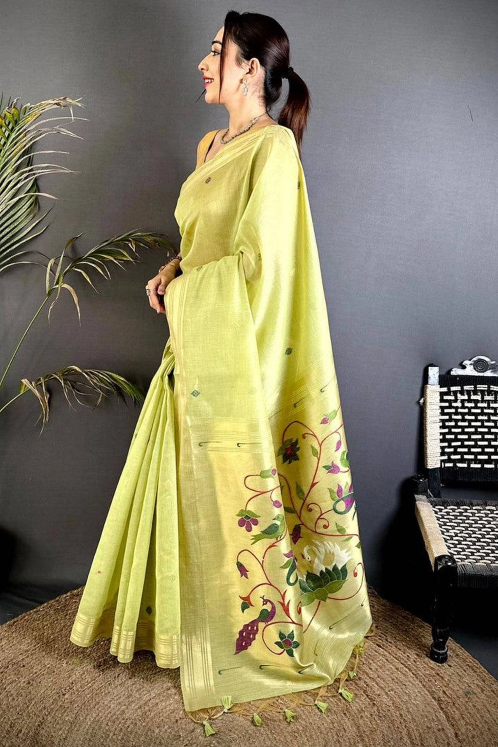 Lime Green Floral Pallu Saree