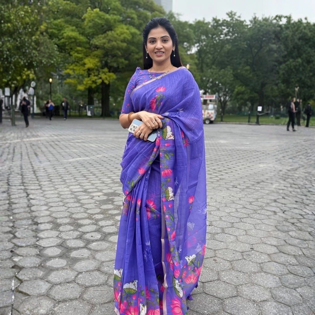 Lavender Purple Linen Silk Saree with Lotus & Cow Print