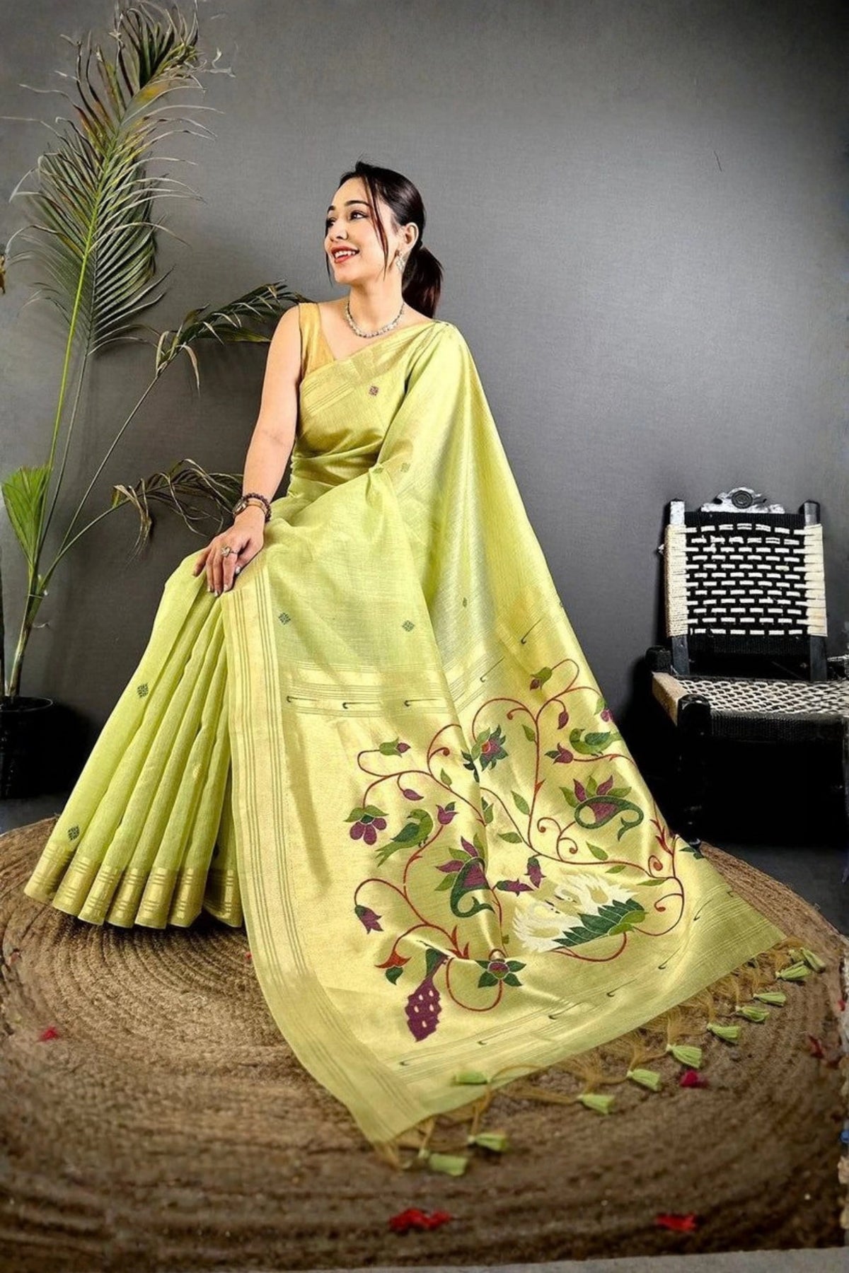 Lime Green Floral Pallu Saree