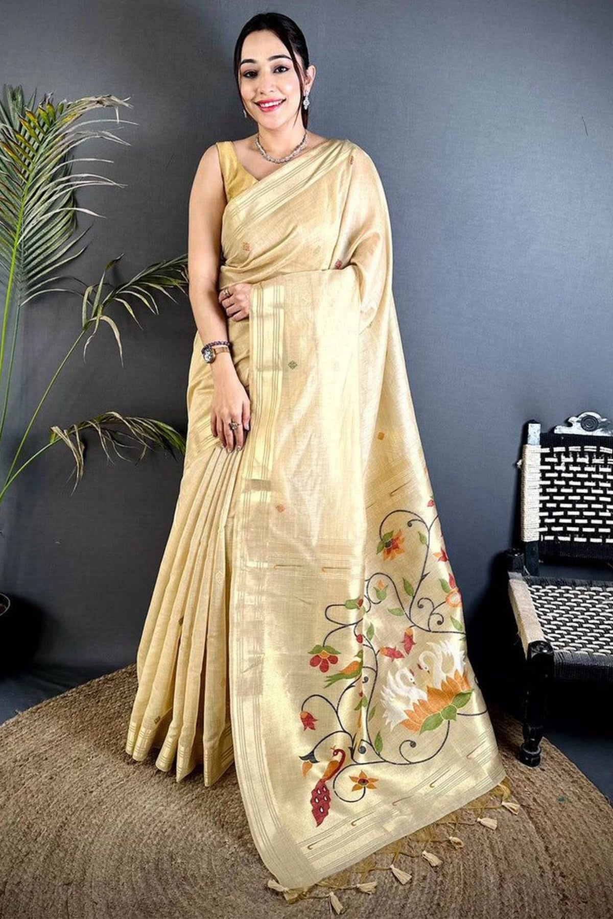 Champagne Gold Floral Pallu Saree