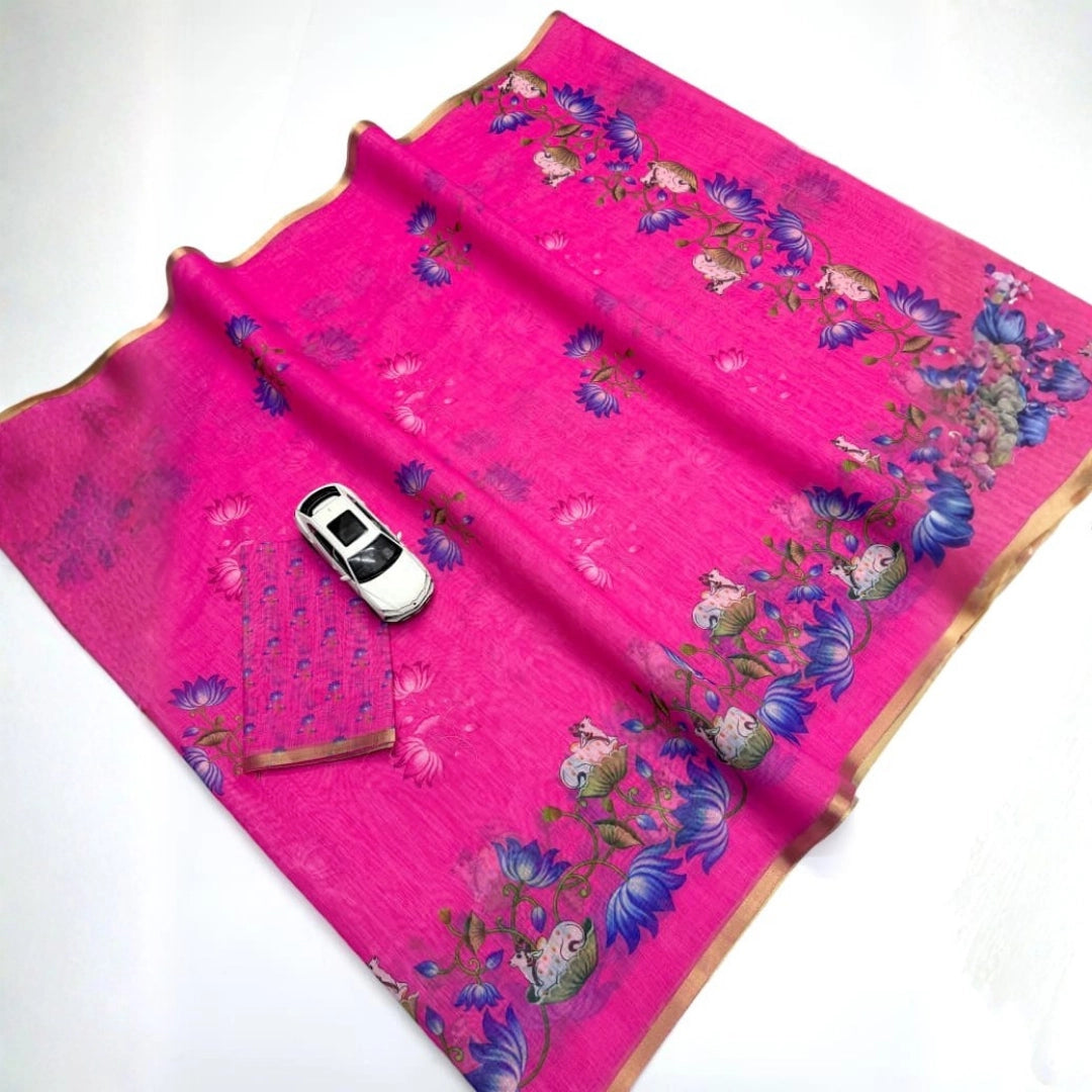 Rani Pink Linen Silk Saree with Lotus & Cow Print