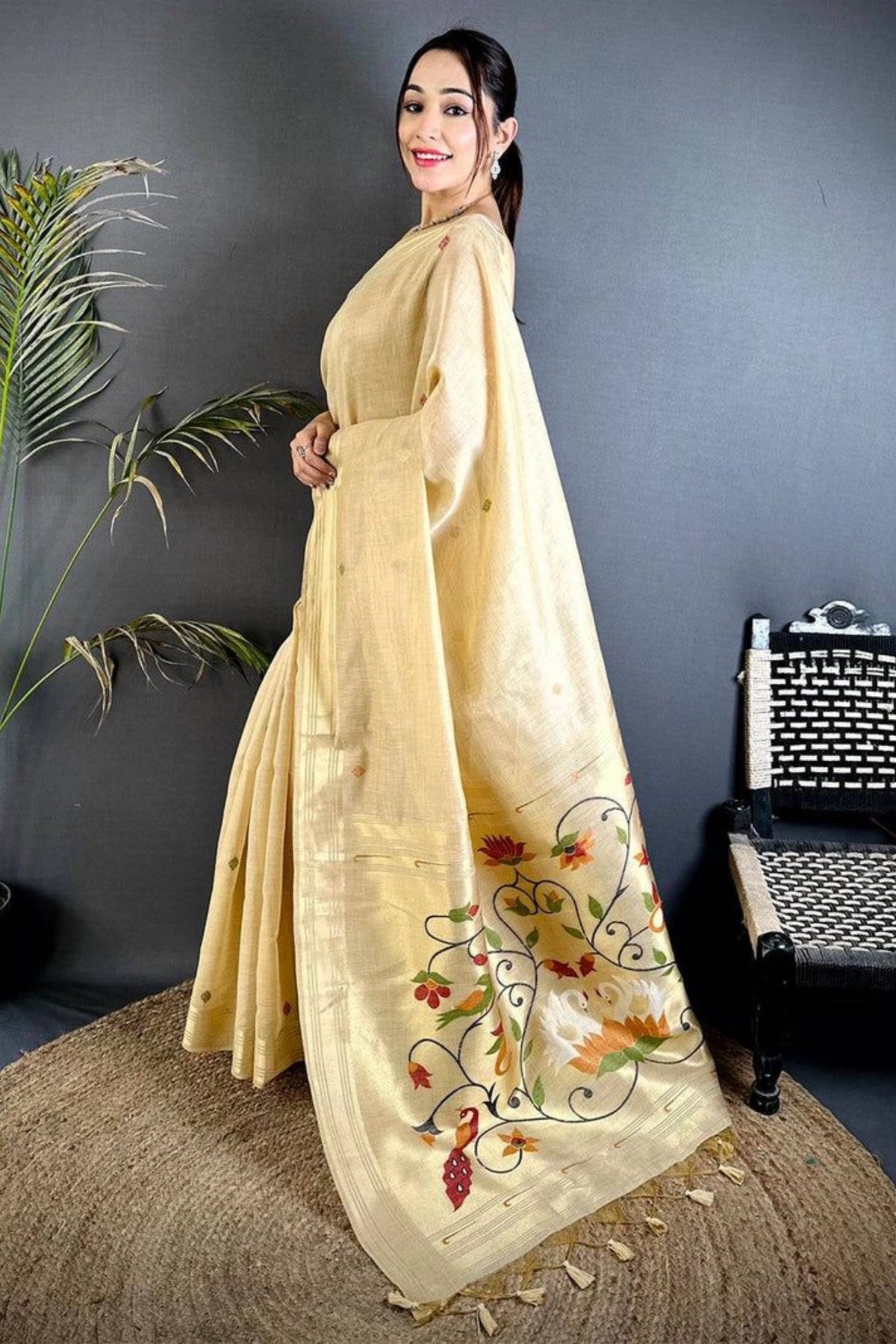 Champagne Gold Floral Pallu Saree
