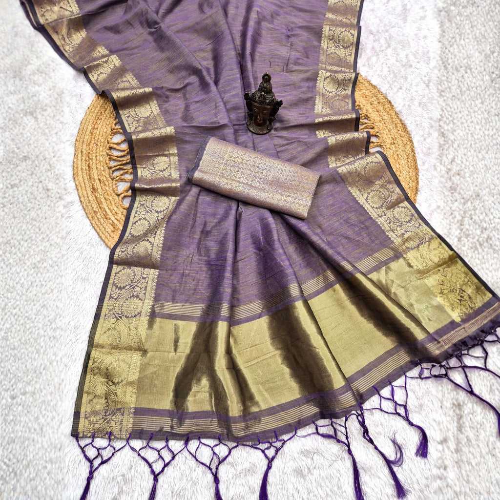 Dusty Lavender Tussar-Style Saree with Antique Gold Zari Border