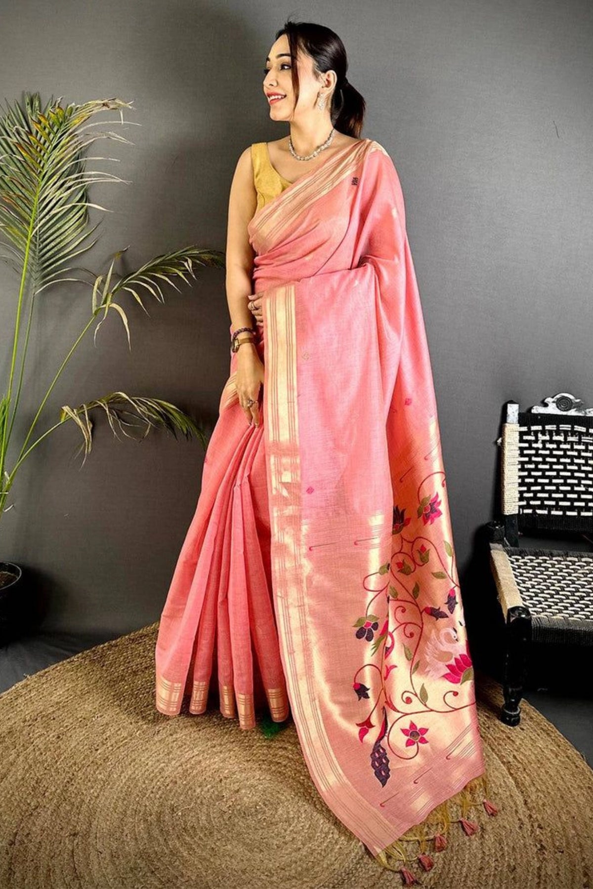 Coral Pink Floral Pallu Saree