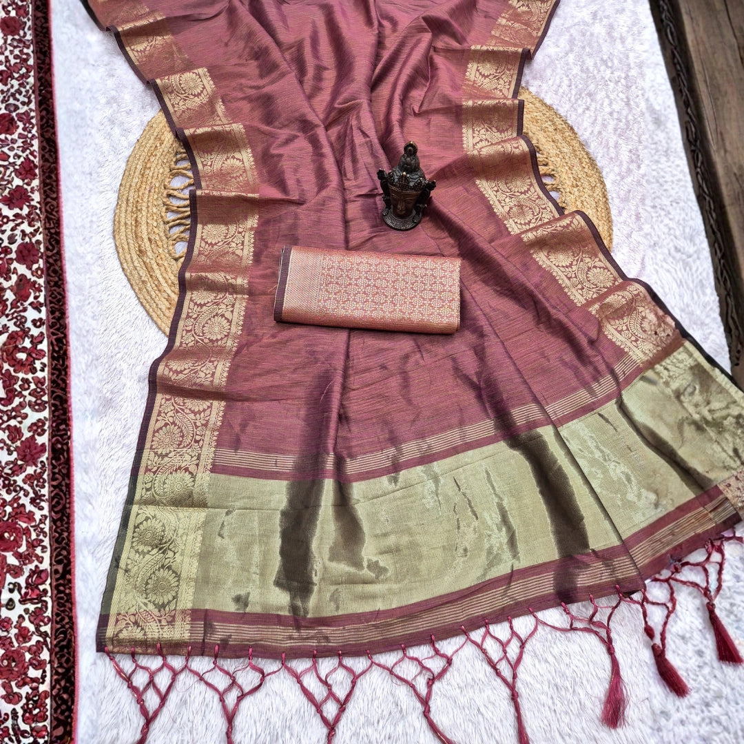 Dusty Rose Tussar-Style Saree with Antique Gold Zari Border