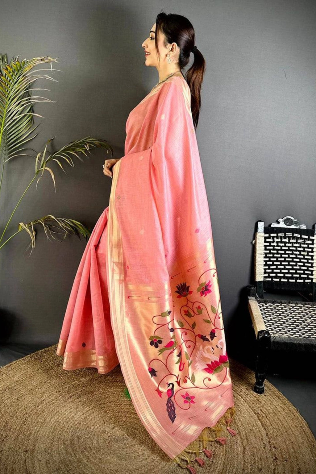 Coral Pink Floral Pallu Saree