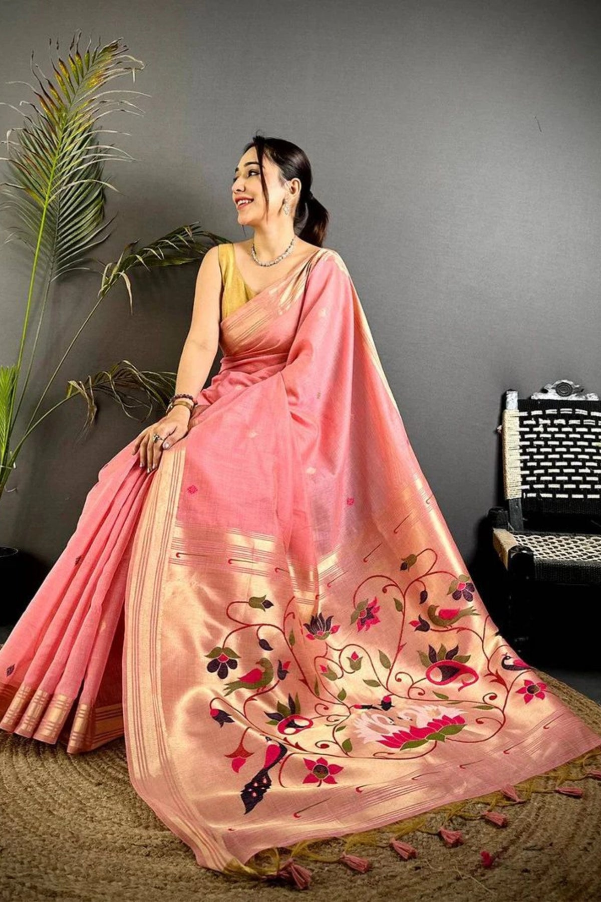 Coral Pink Floral Pallu Saree