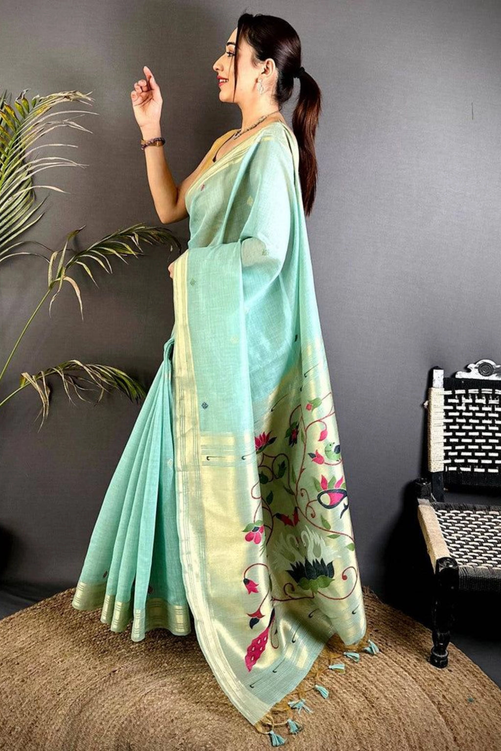 Mint Green Floral Pallu Saree