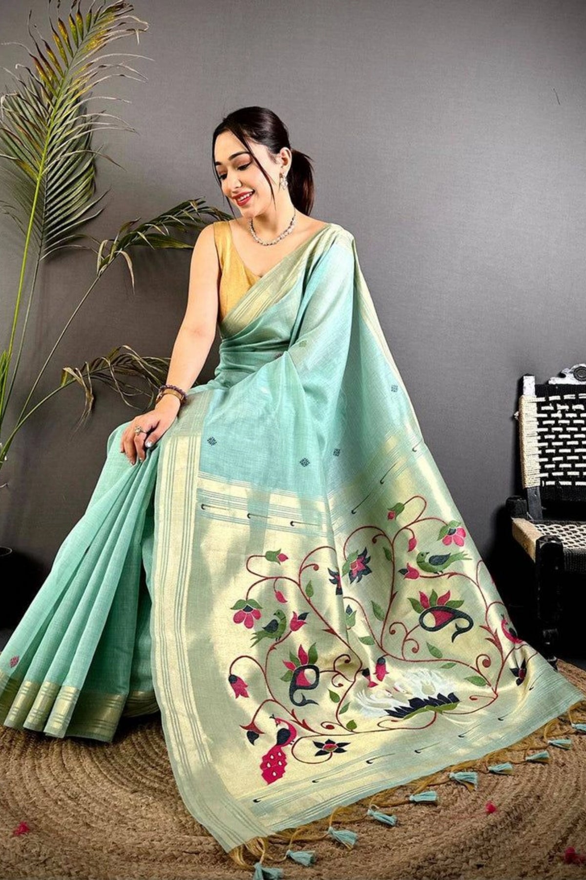 Mint Green Floral Pallu Saree