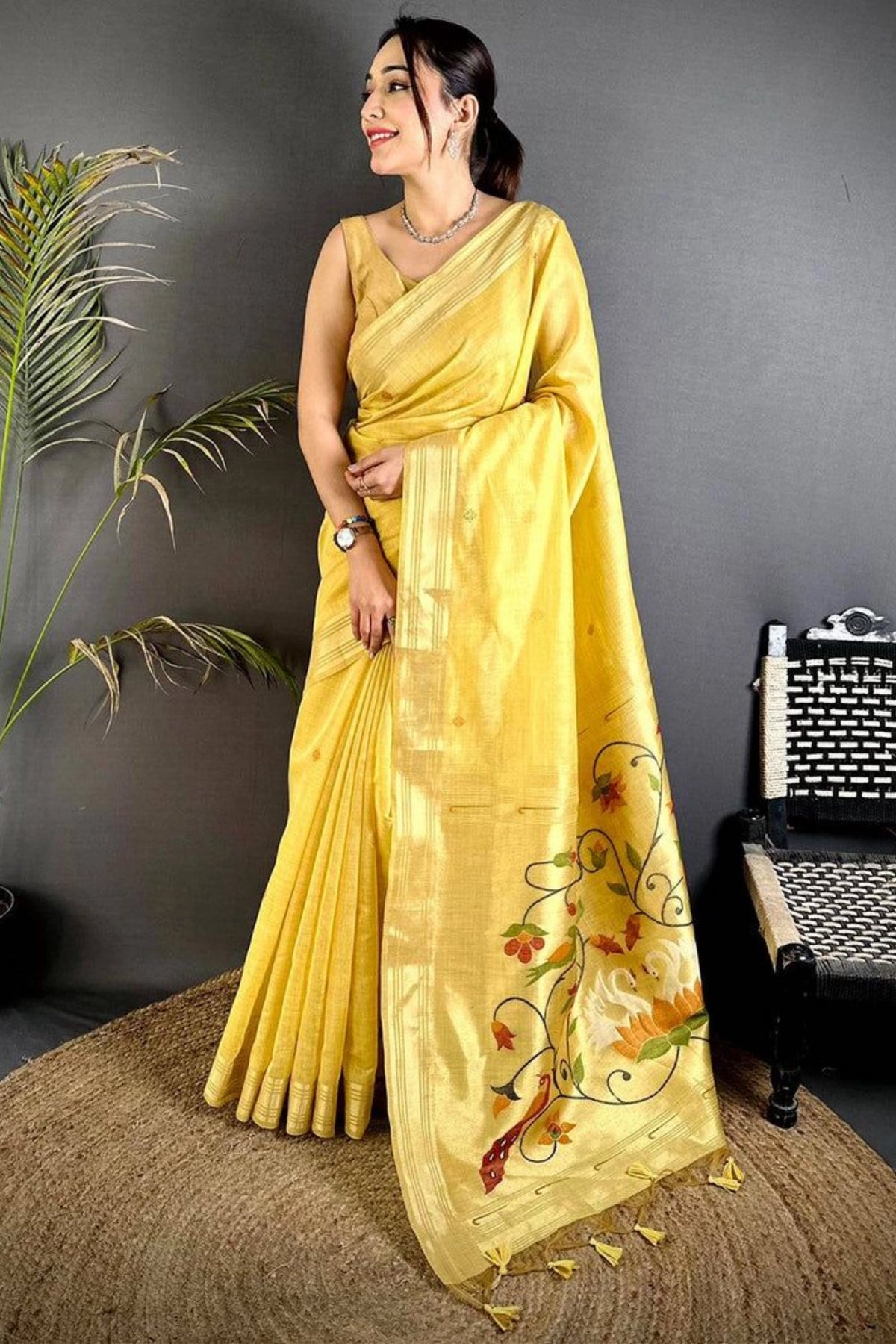 Golden Yellow Floral Pallu Saree