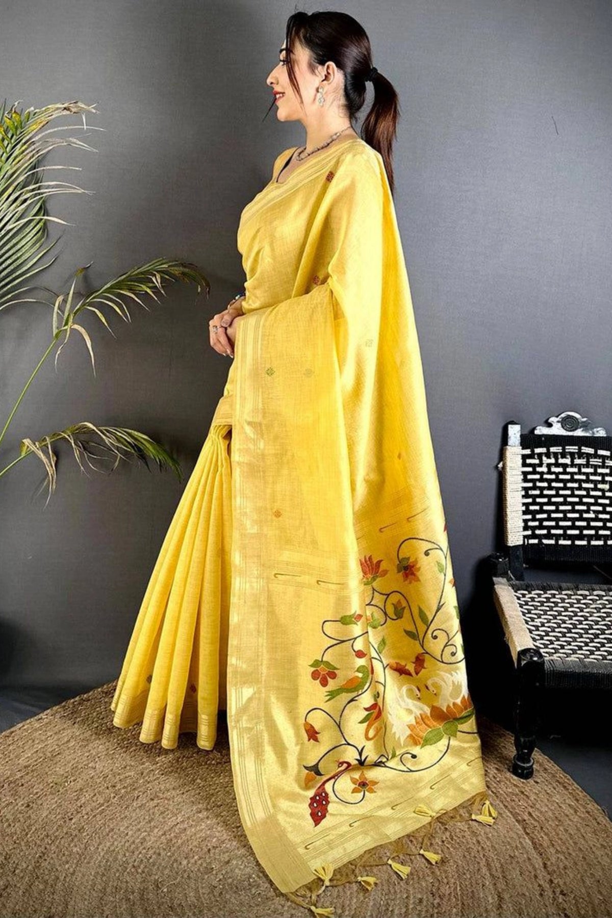 Golden Yellow Floral Pallu Saree