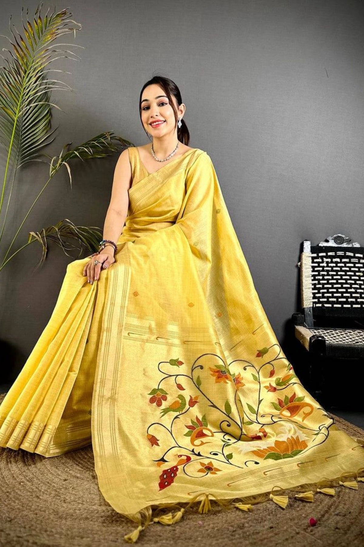 Golden Yellow Floral Pallu Saree