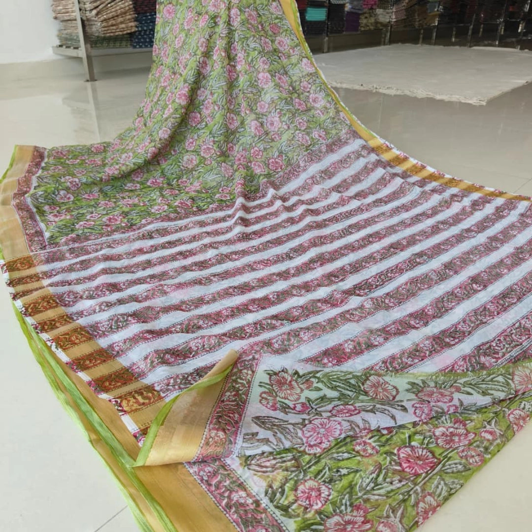 Pista Green with Pink Floral Print