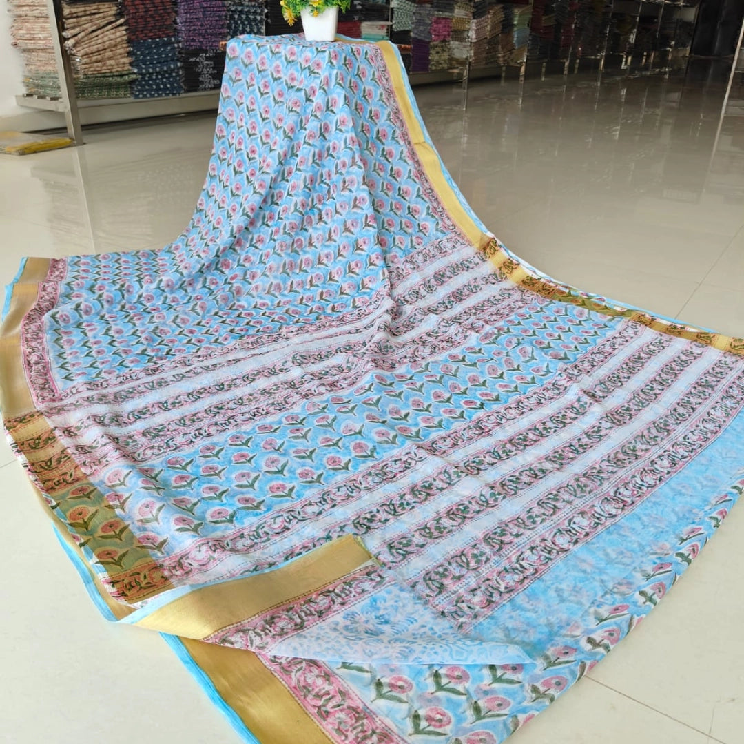 Sky Blue with Pink Floral Print