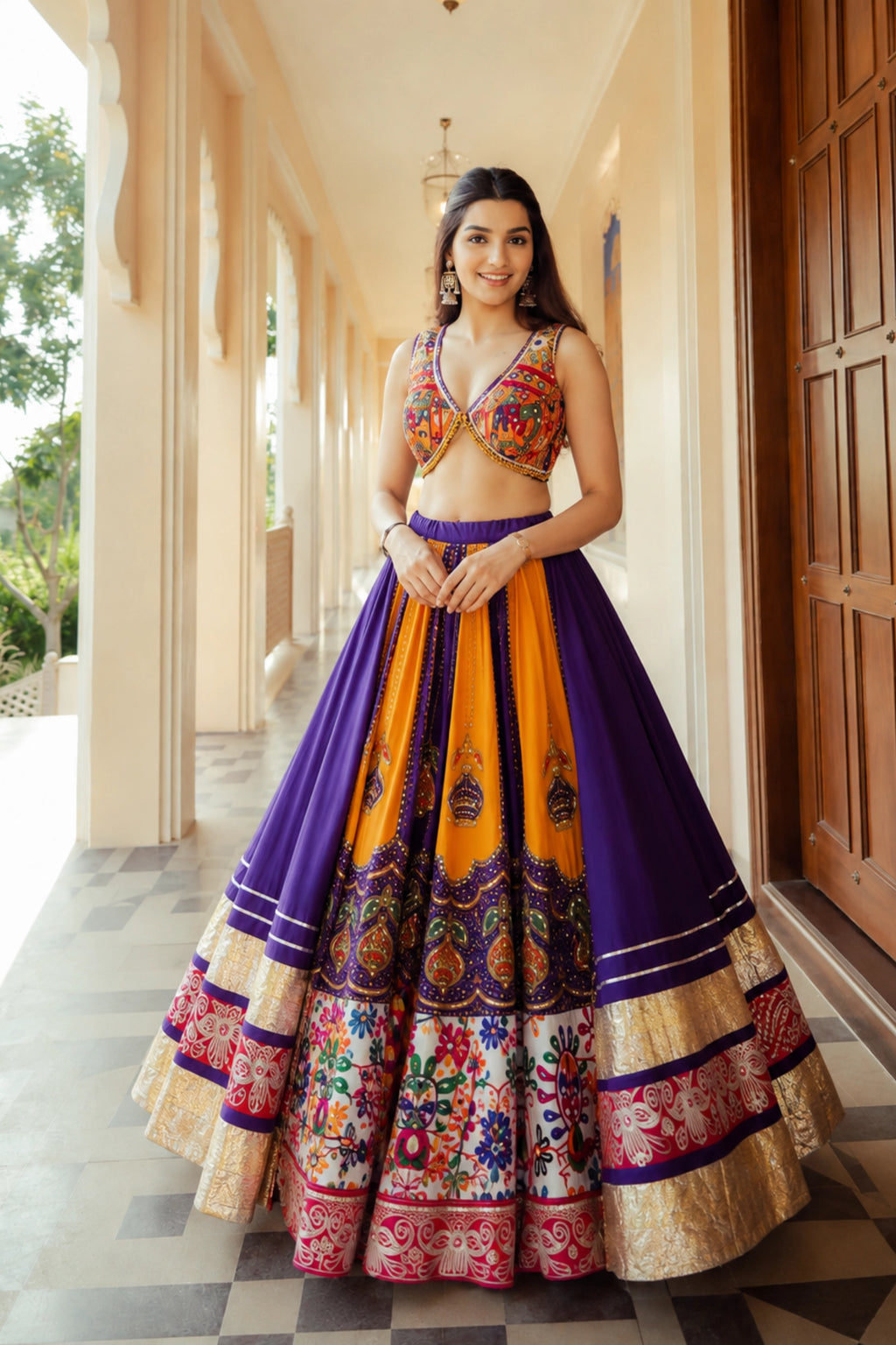 Royal Purple Multicolour Mirror Work Lehenga Set