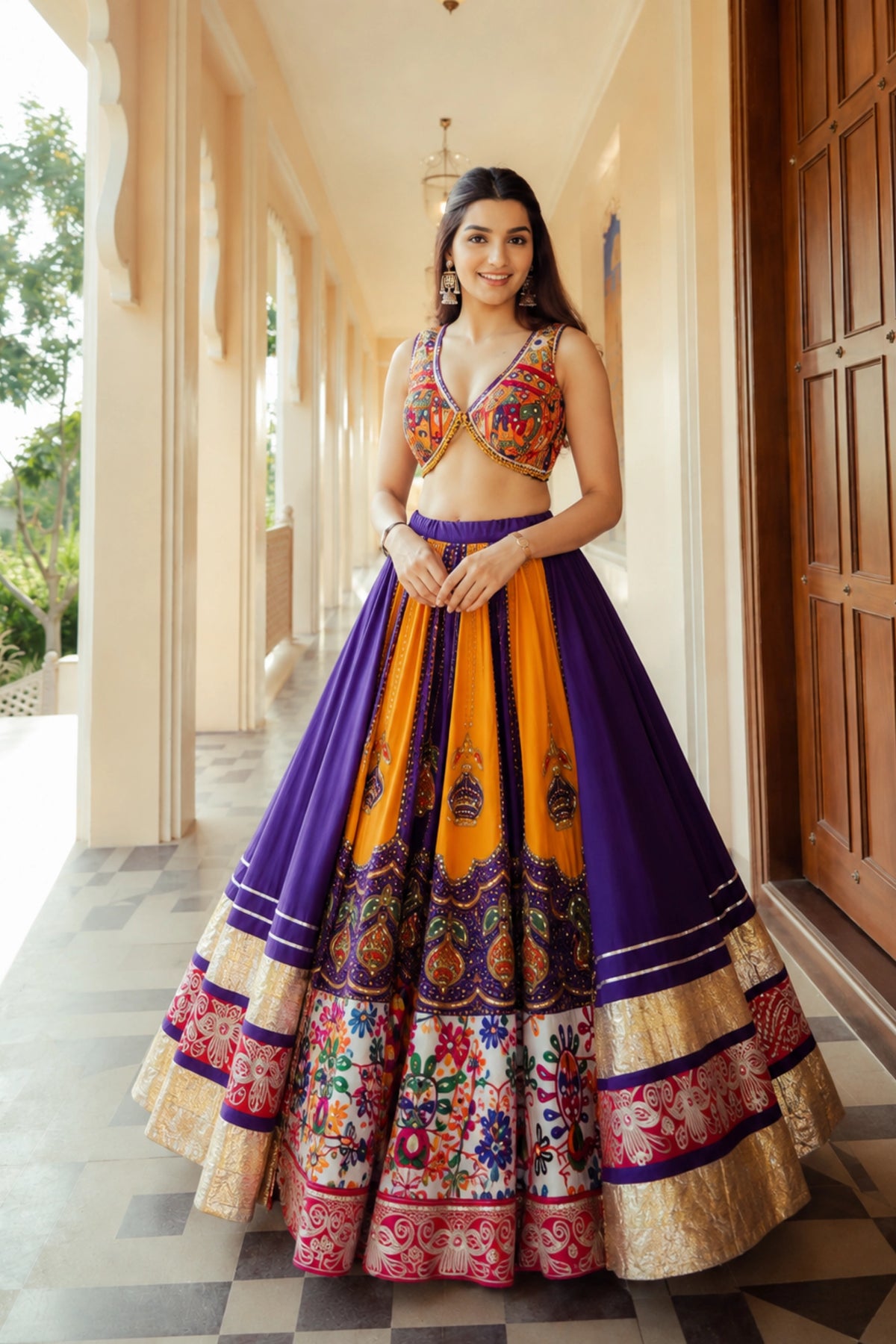 Royal Purple Multicolour Mirror Work Lehenga Set
