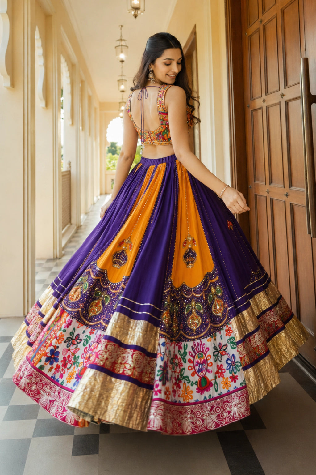 Royal Purple Multicolour Mirror Work Lehenga Set