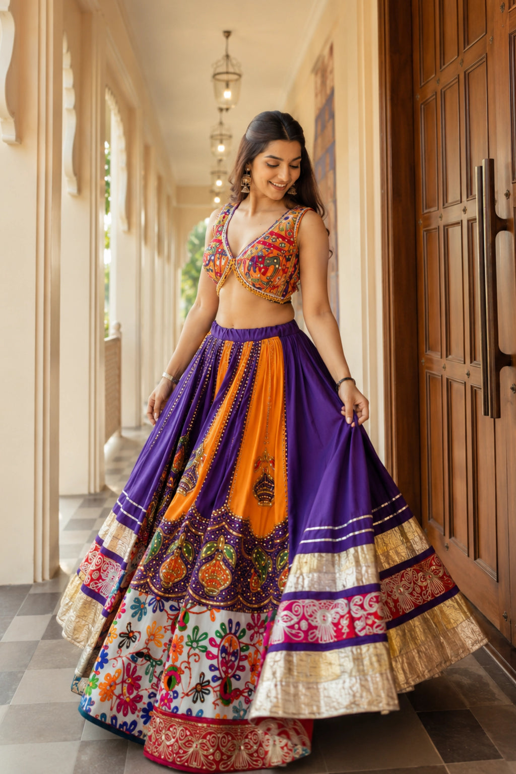 Royal Purple Multicolour Mirror Work Lehenga Set