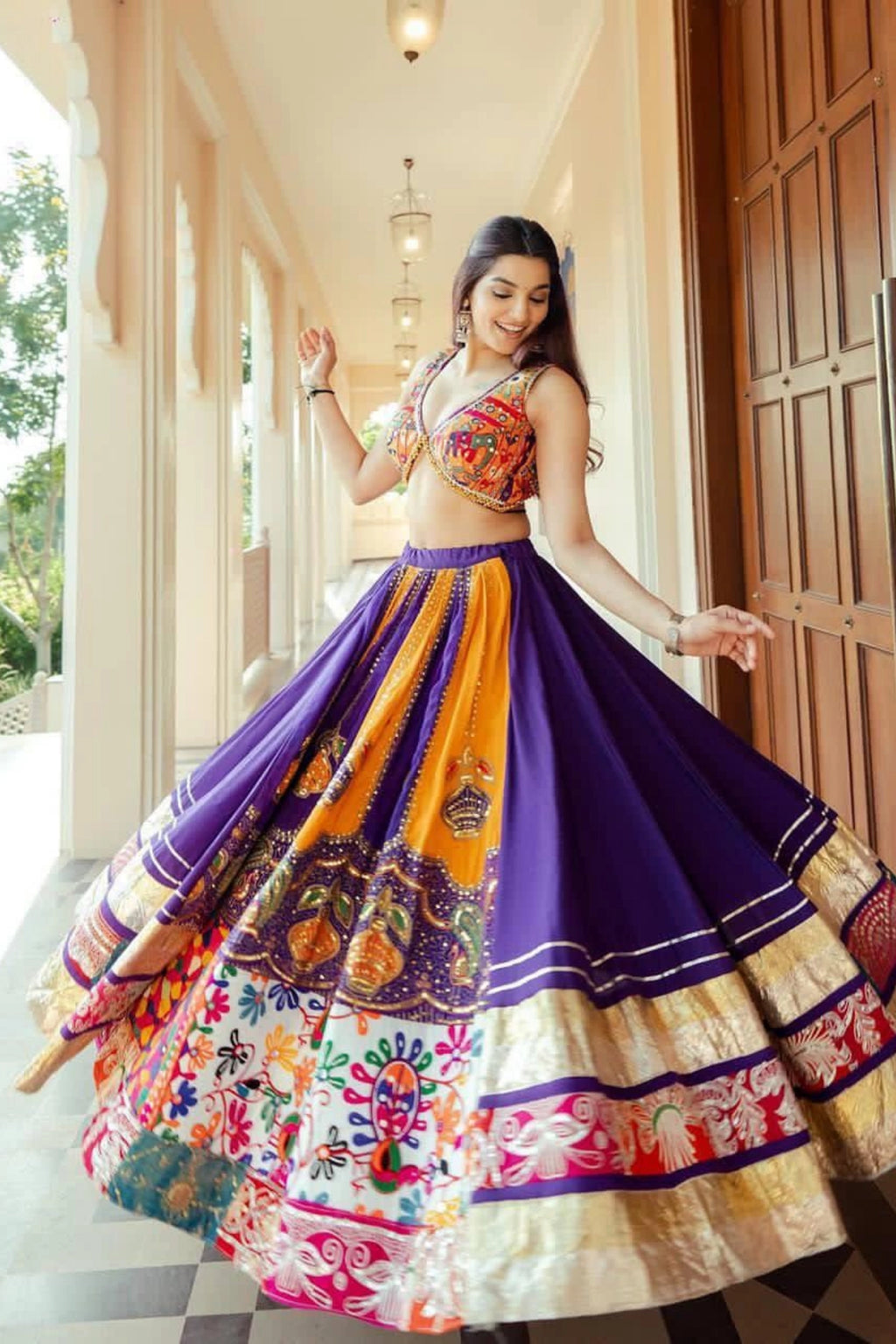 Royal Purple Multicolour Mirror Work Lehenga Set