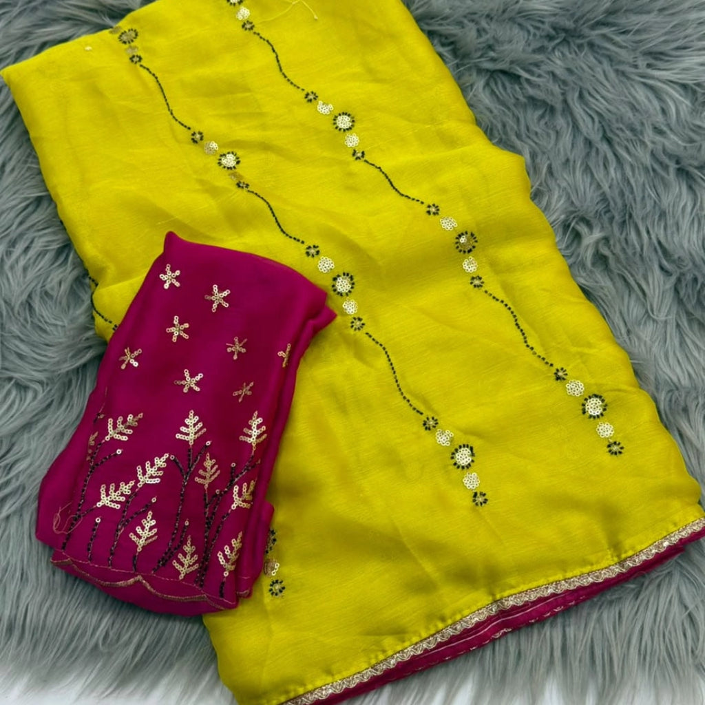 Sequin Line Soft Saree with Contrast Embroidered Blouse