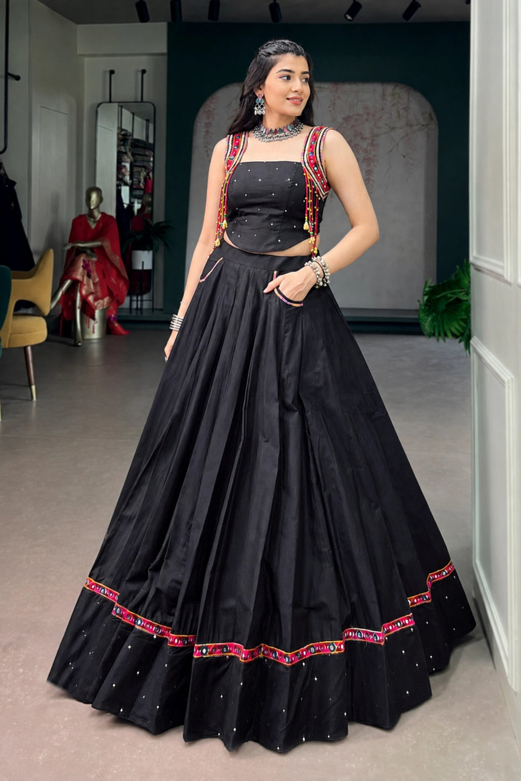 Midnight Mirrorwork Cotton Lehenga Set