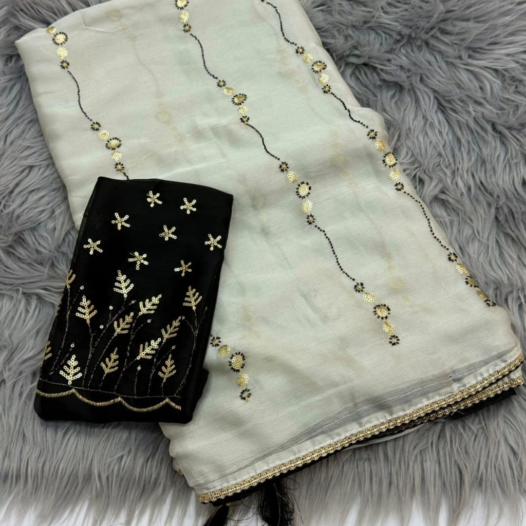 Sequin Line Soft Saree with Contrast Embroidered Blouse