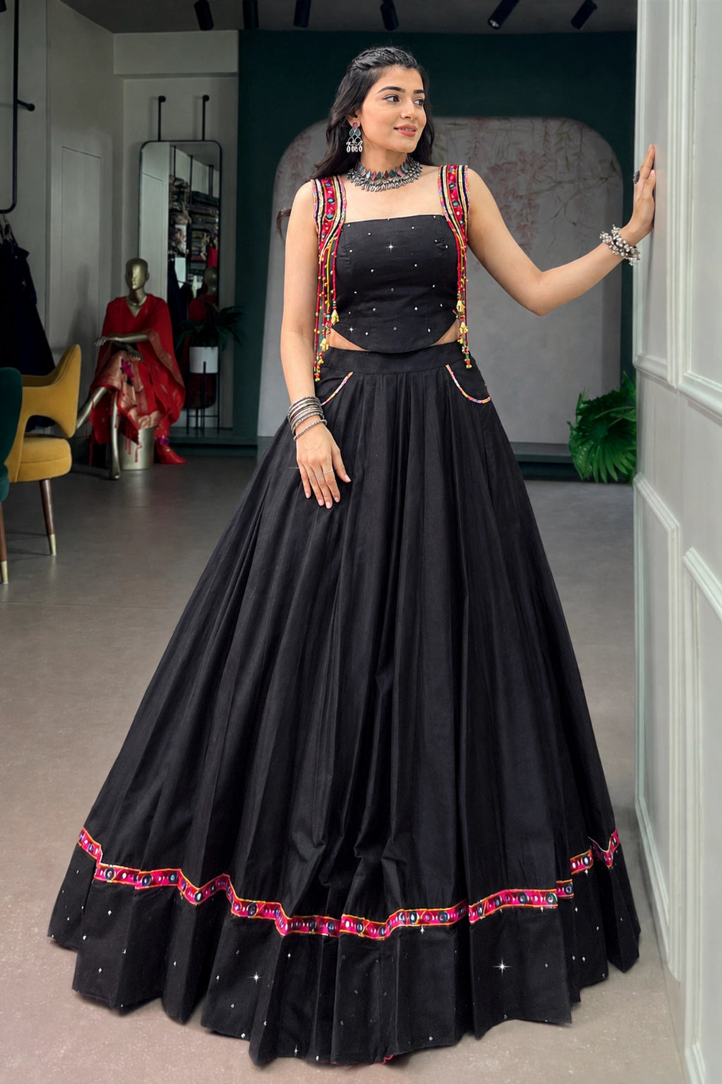 Midnight Mirrorwork Cotton Lehenga Set