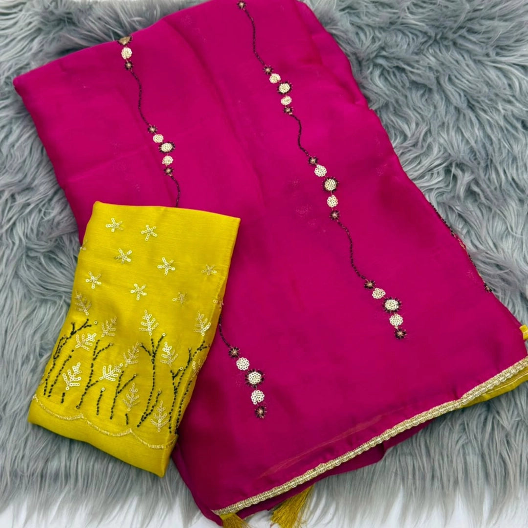 Sequin Line Soft Saree with Contrast Embroidered Blouse