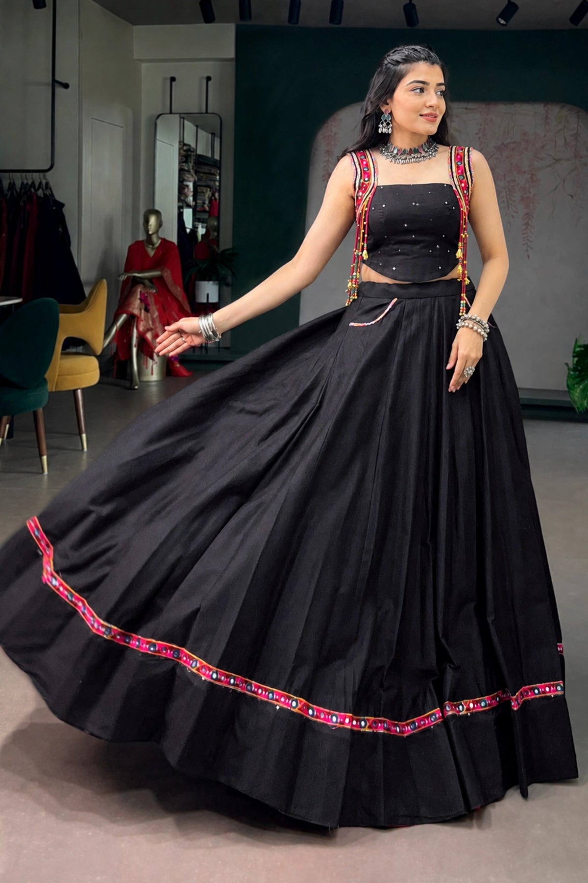 Midnight Mirrorwork Cotton Lehenga Set