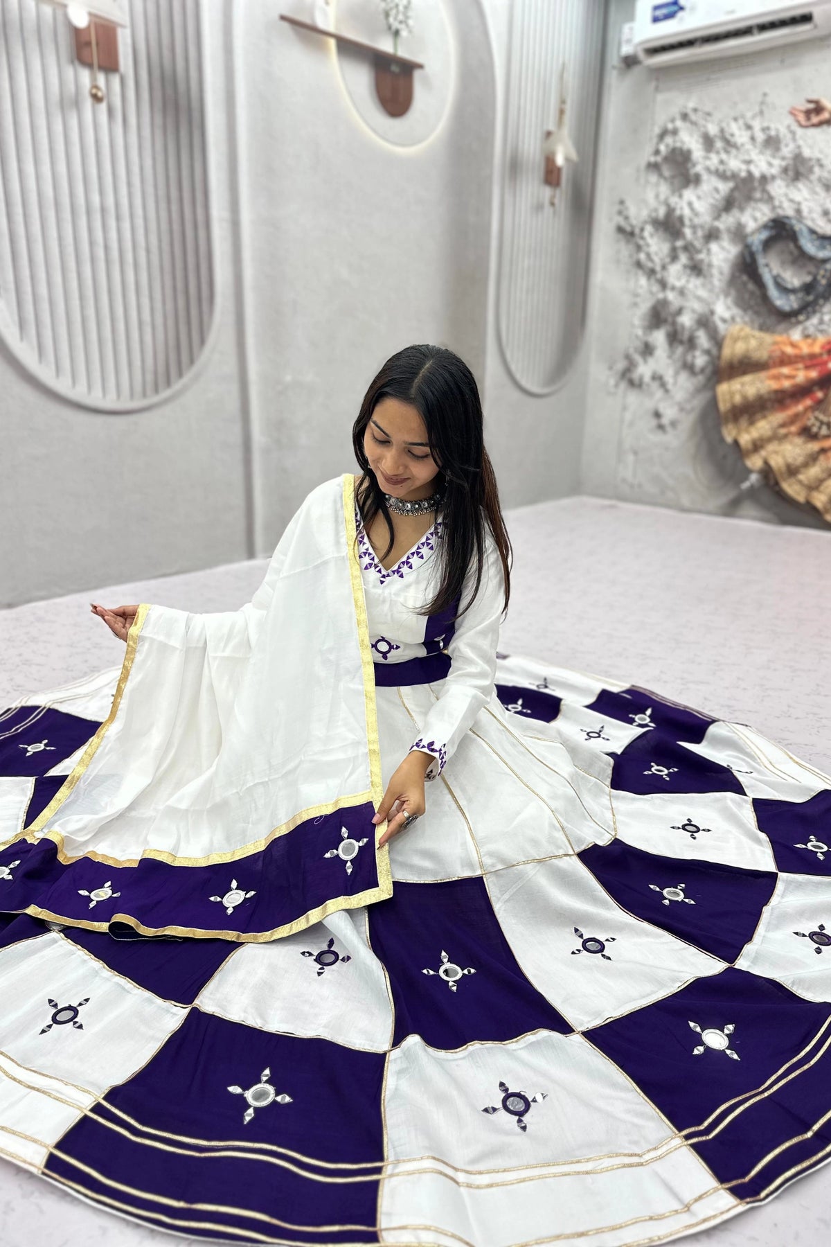 Ivory & Blue Panelled Lehenga Set