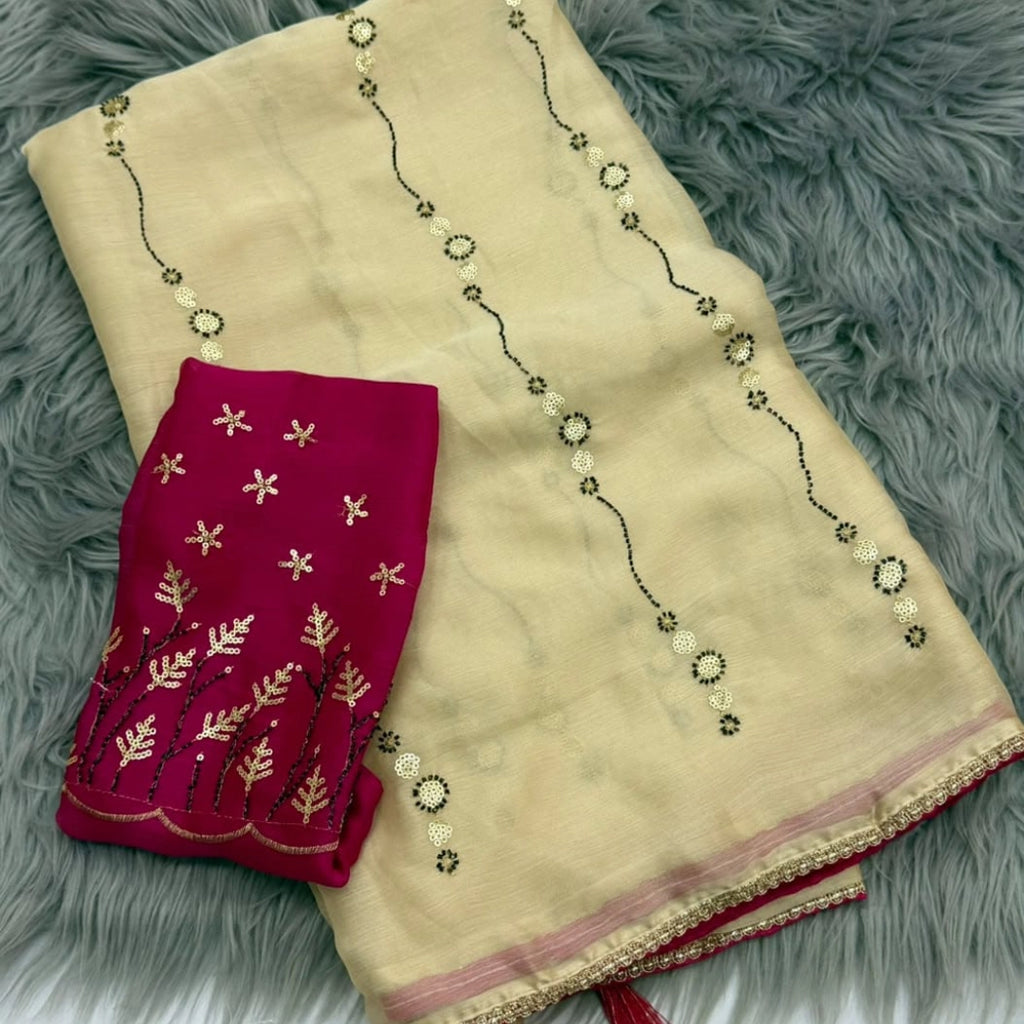 Sequin Line Soft Saree with Contrast Embroidered Blouse