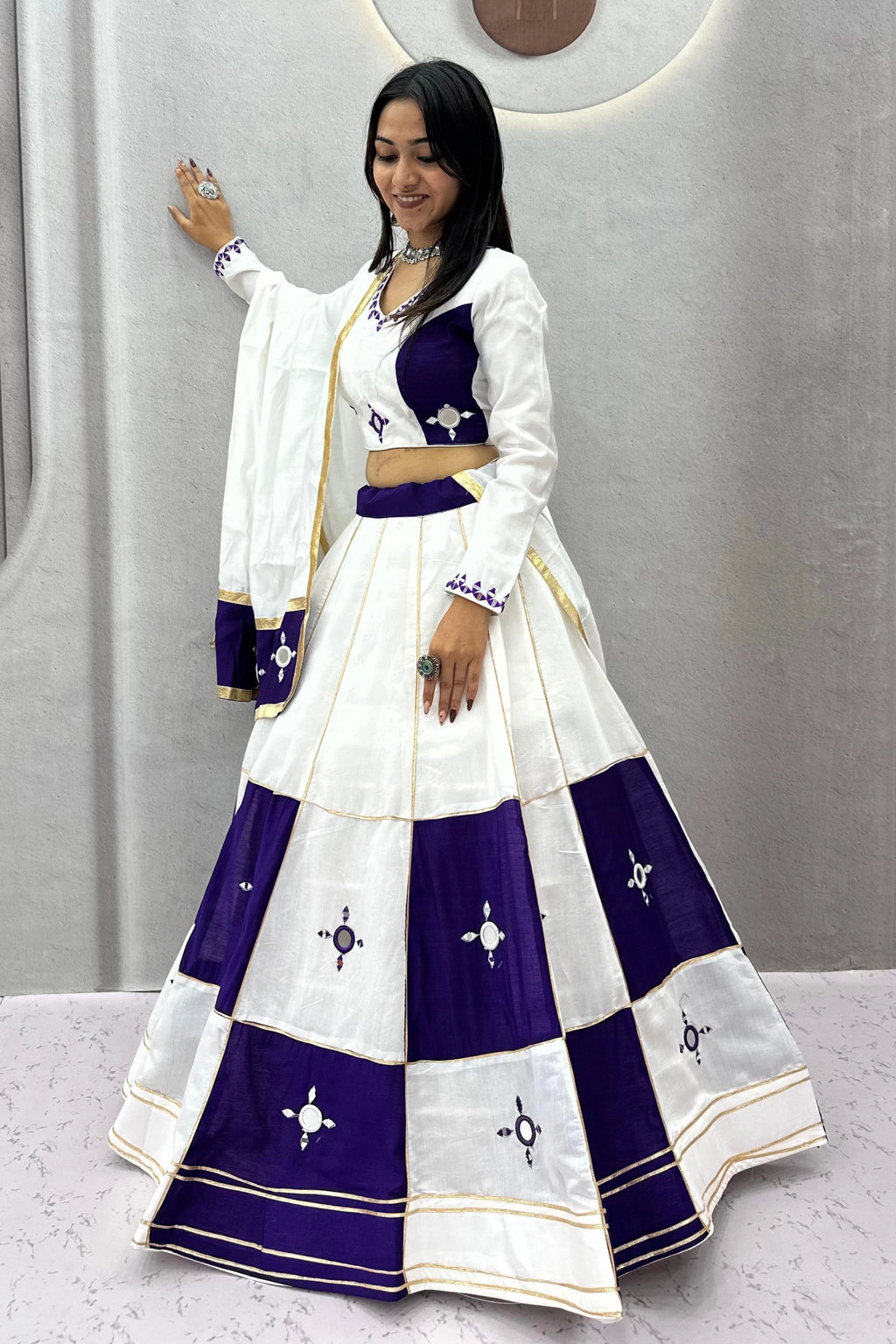 Ivory & Blue Panelled Lehenga Set