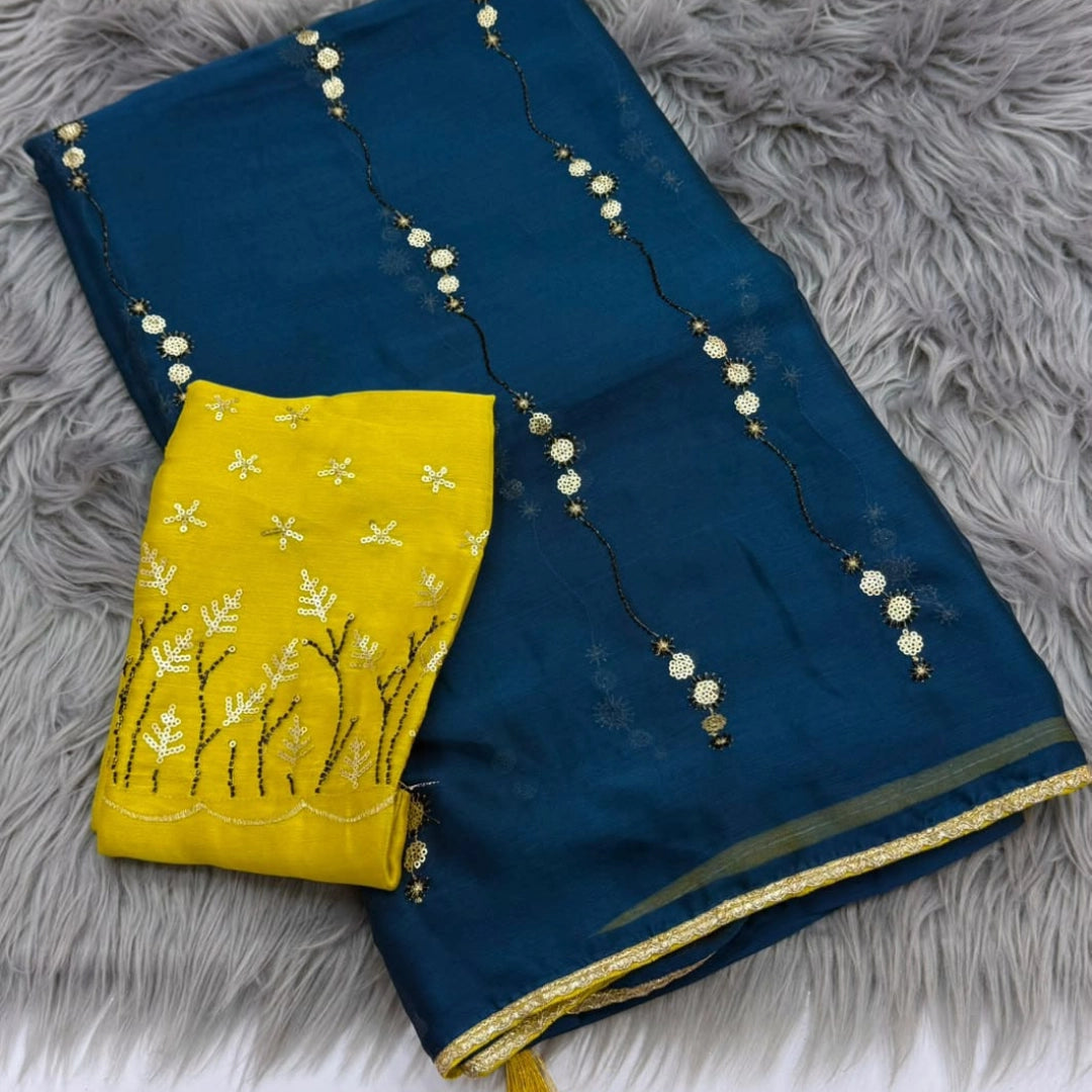 Sequin Line Soft Saree with Contrast Embroidered Blouse