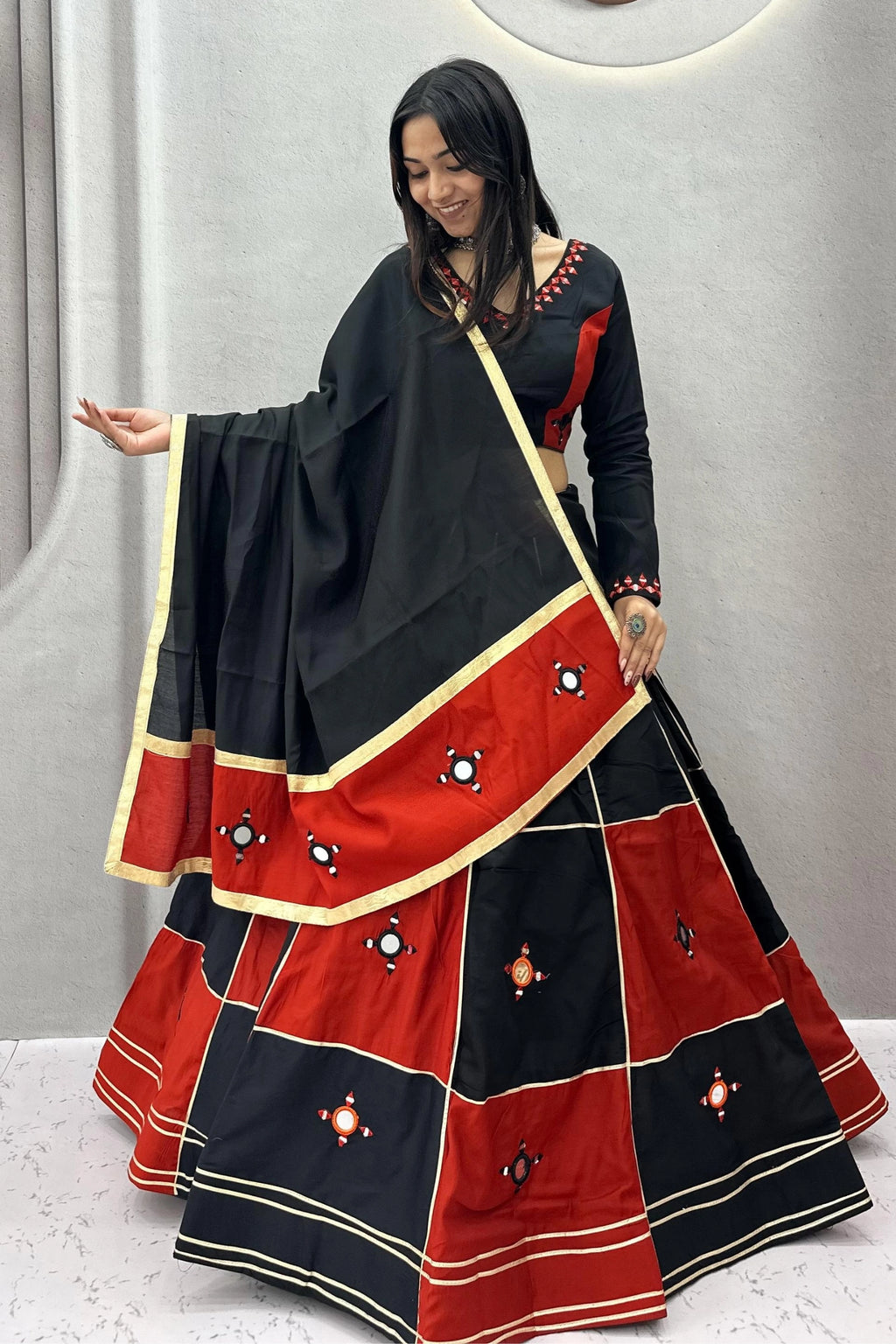 Black & Red Panelled Lehenga Set