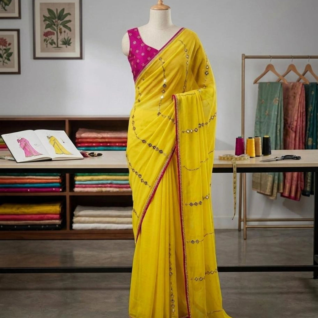Sequin Line Soft Saree with Contrast Embroidered Blouse