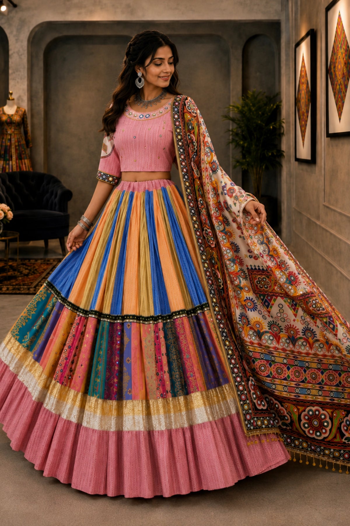 Designer Multicolour Mirror Work Lehenga Choli Set