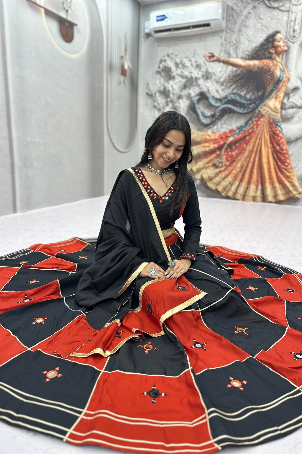 Black & Red Panelled Lehenga Set