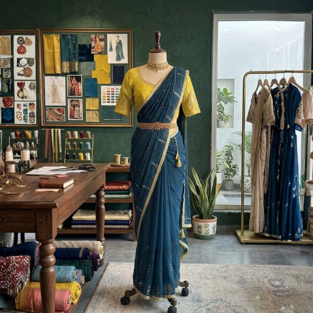 Sequin Line Soft Saree with Contrast Embroidered Blouse