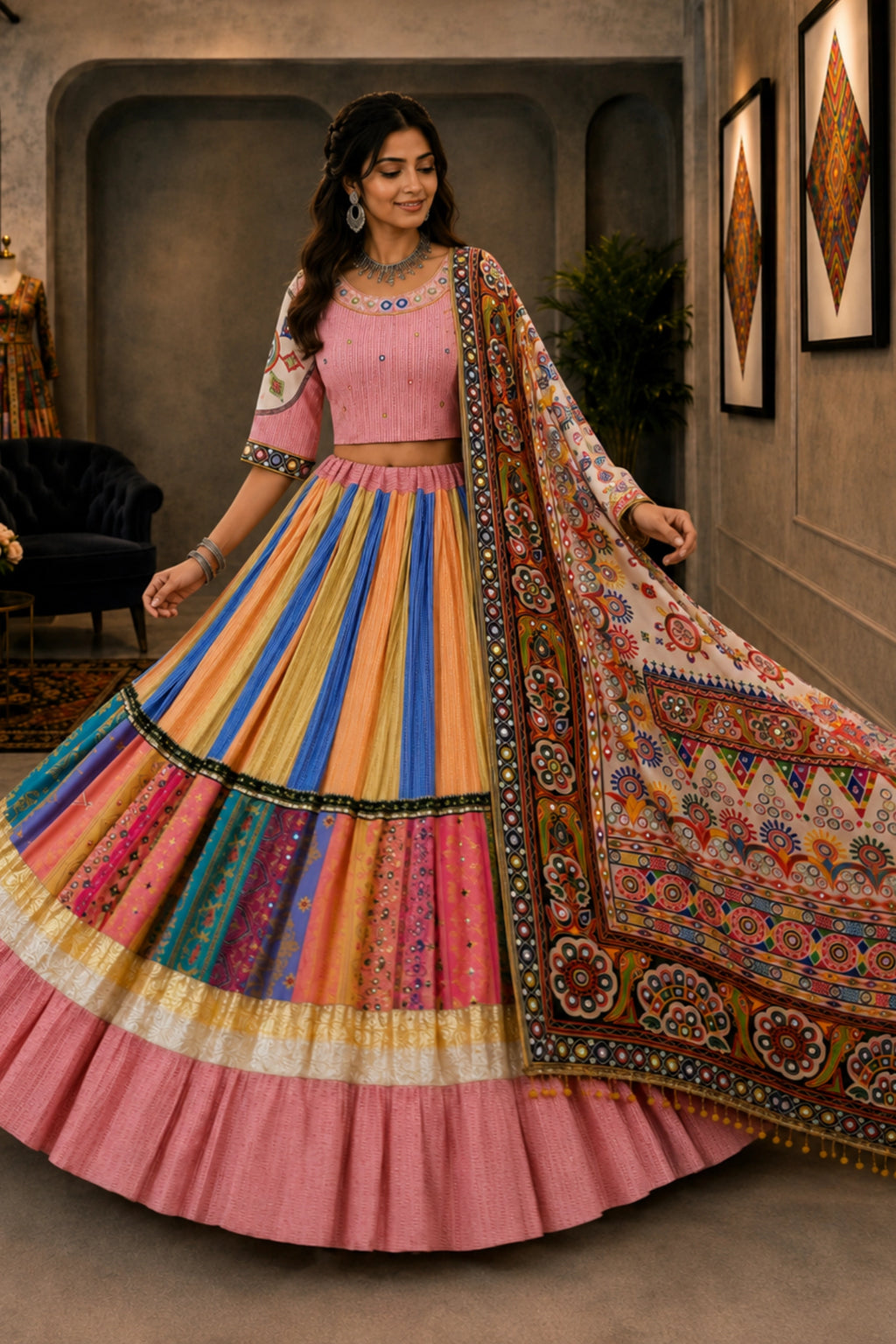 Designer Multicolour Mirror Work Lehenga Choli Set