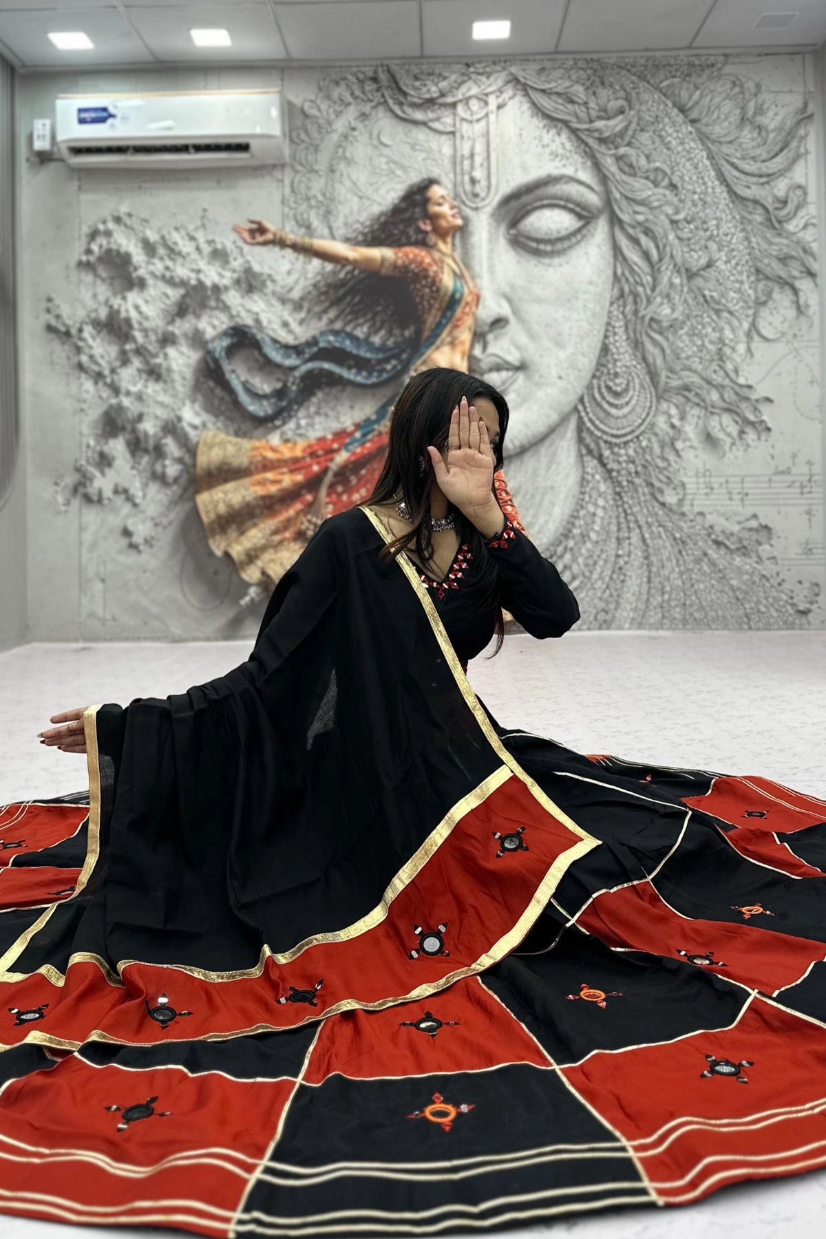 Black & Red Panelled Lehenga Set