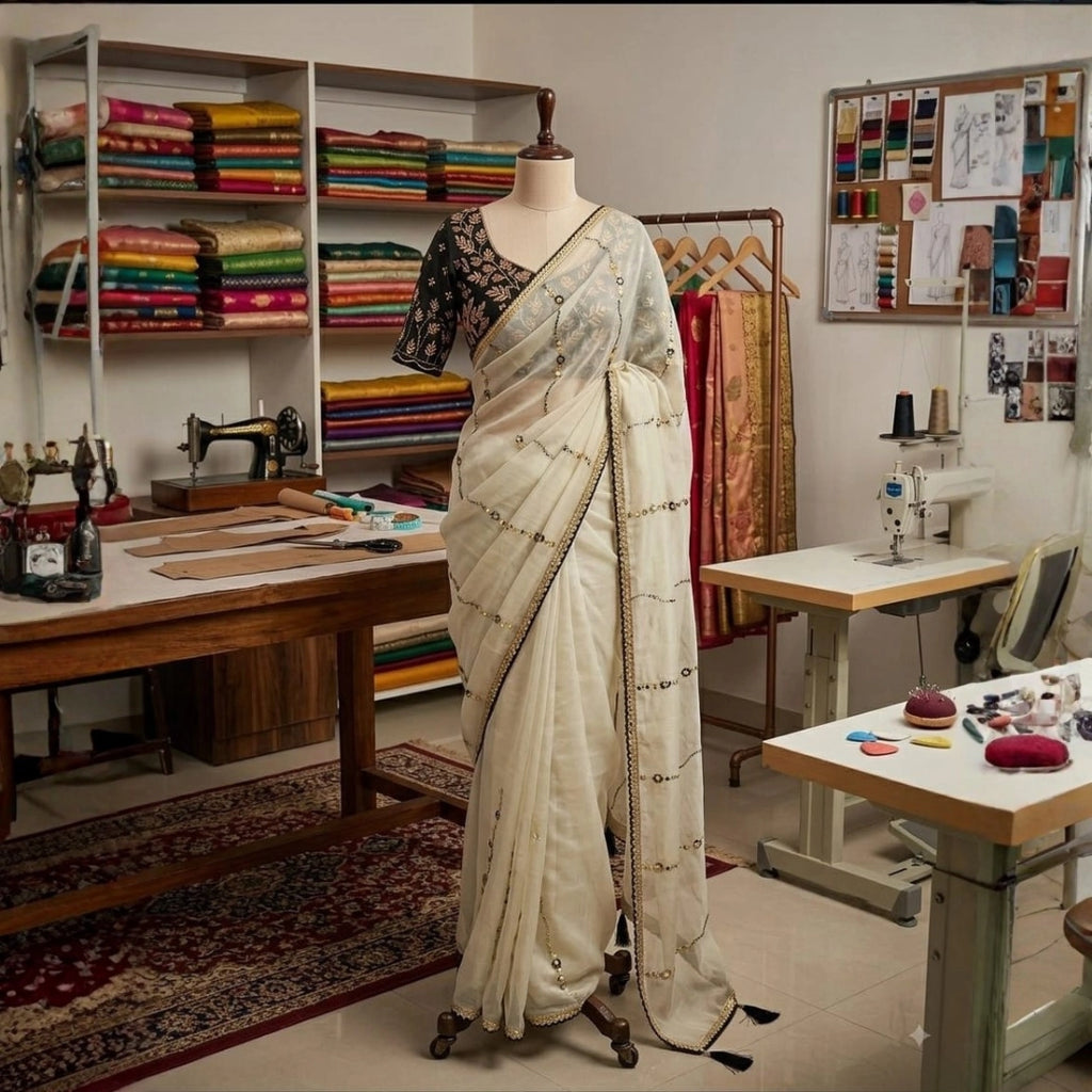 Sequin Line Soft Saree with Contrast Embroidered Blouse