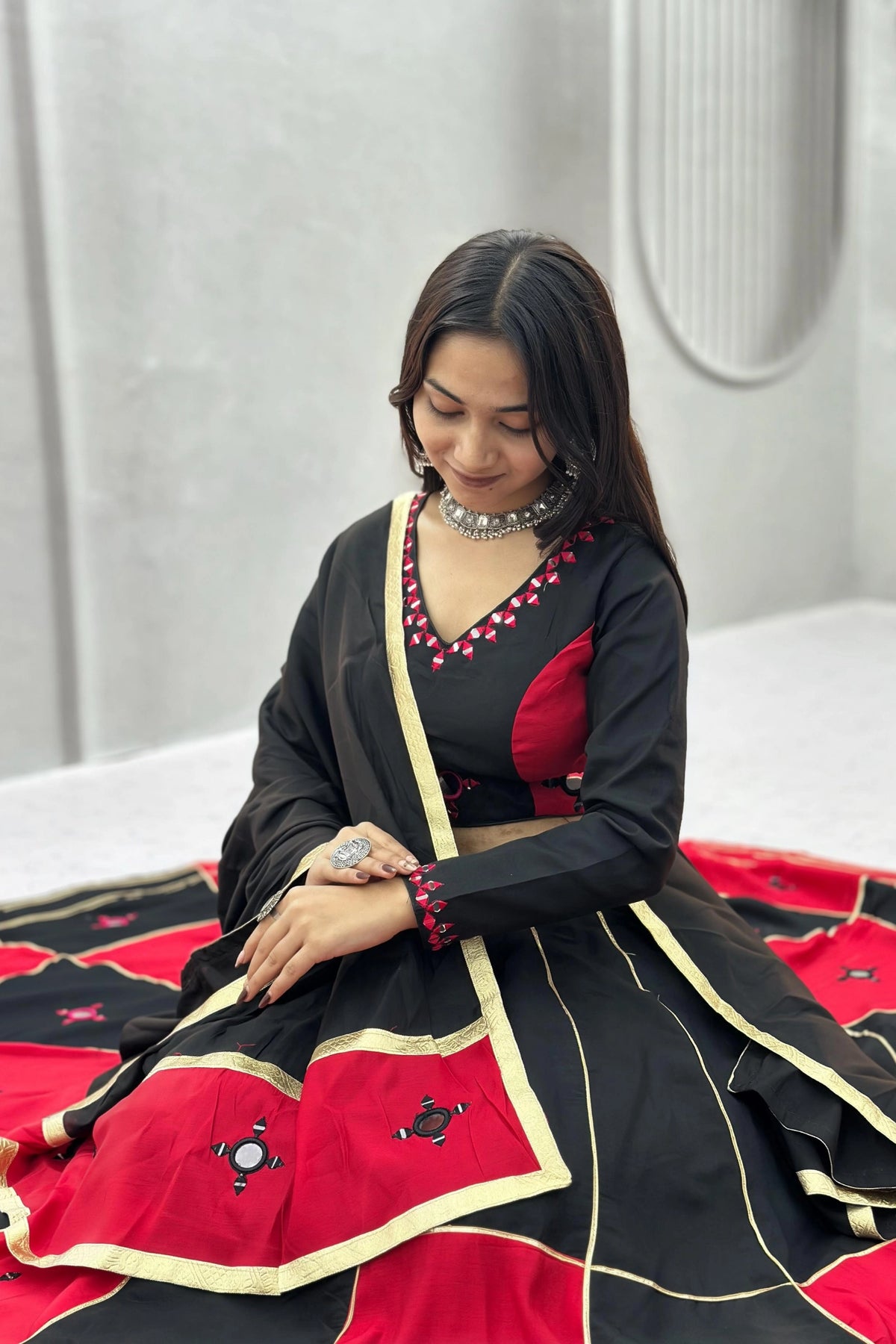 Black & Red Panelled Lehenga Set