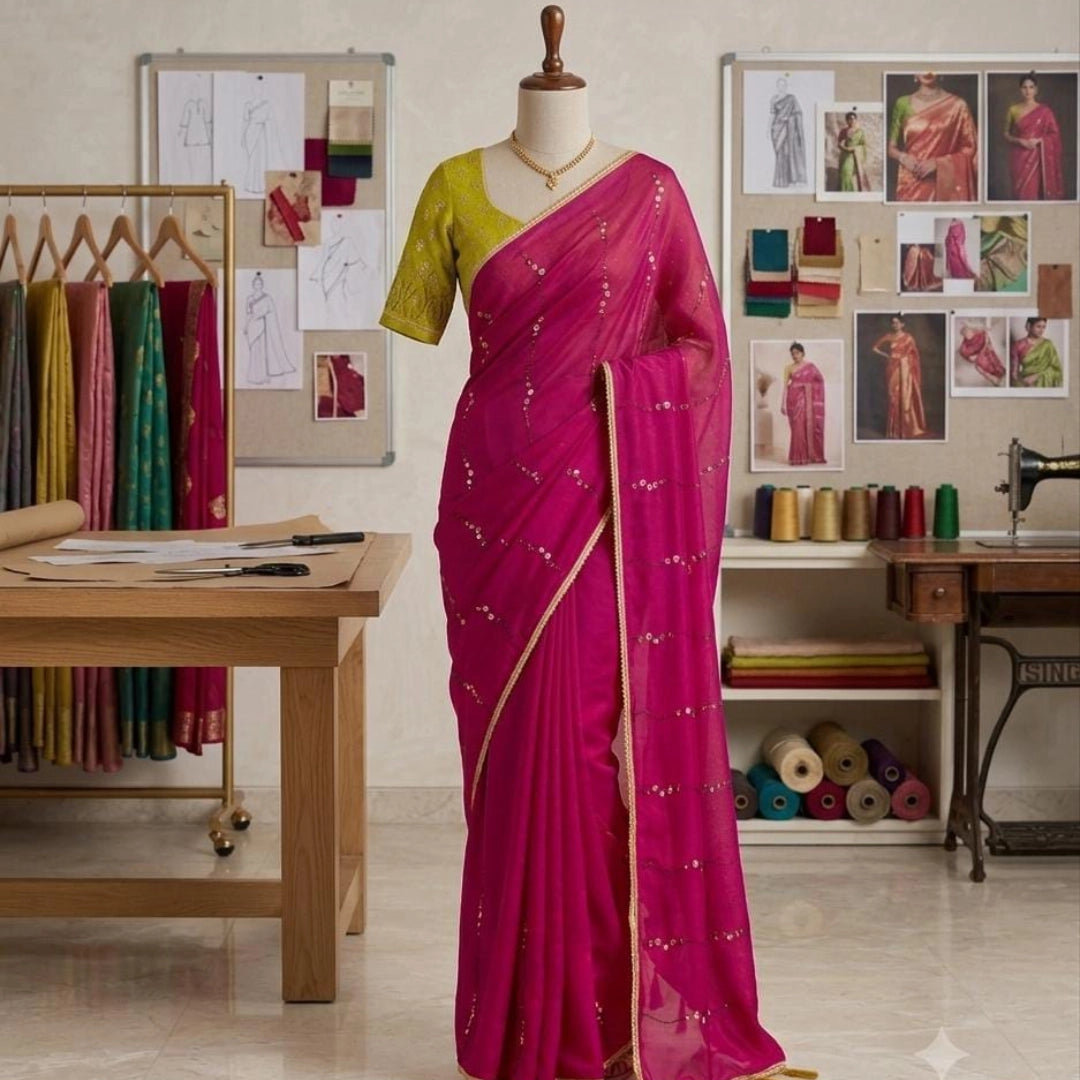 Sequin Line Soft Saree with Contrast Embroidered Blouse