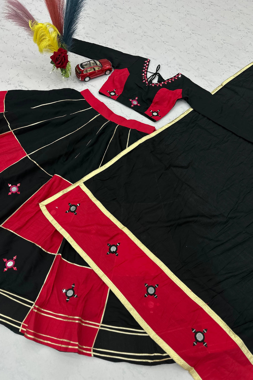 Black & Red Panelled Lehenga Set