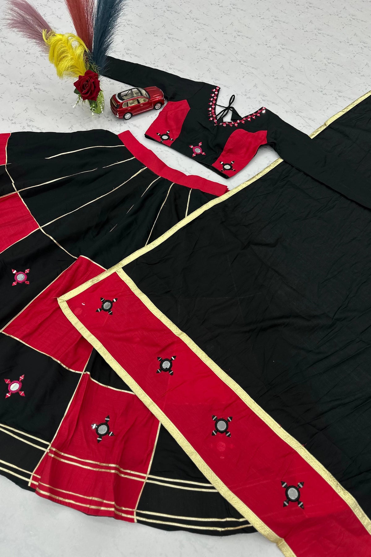 Black & Red Panelled Lehenga Set