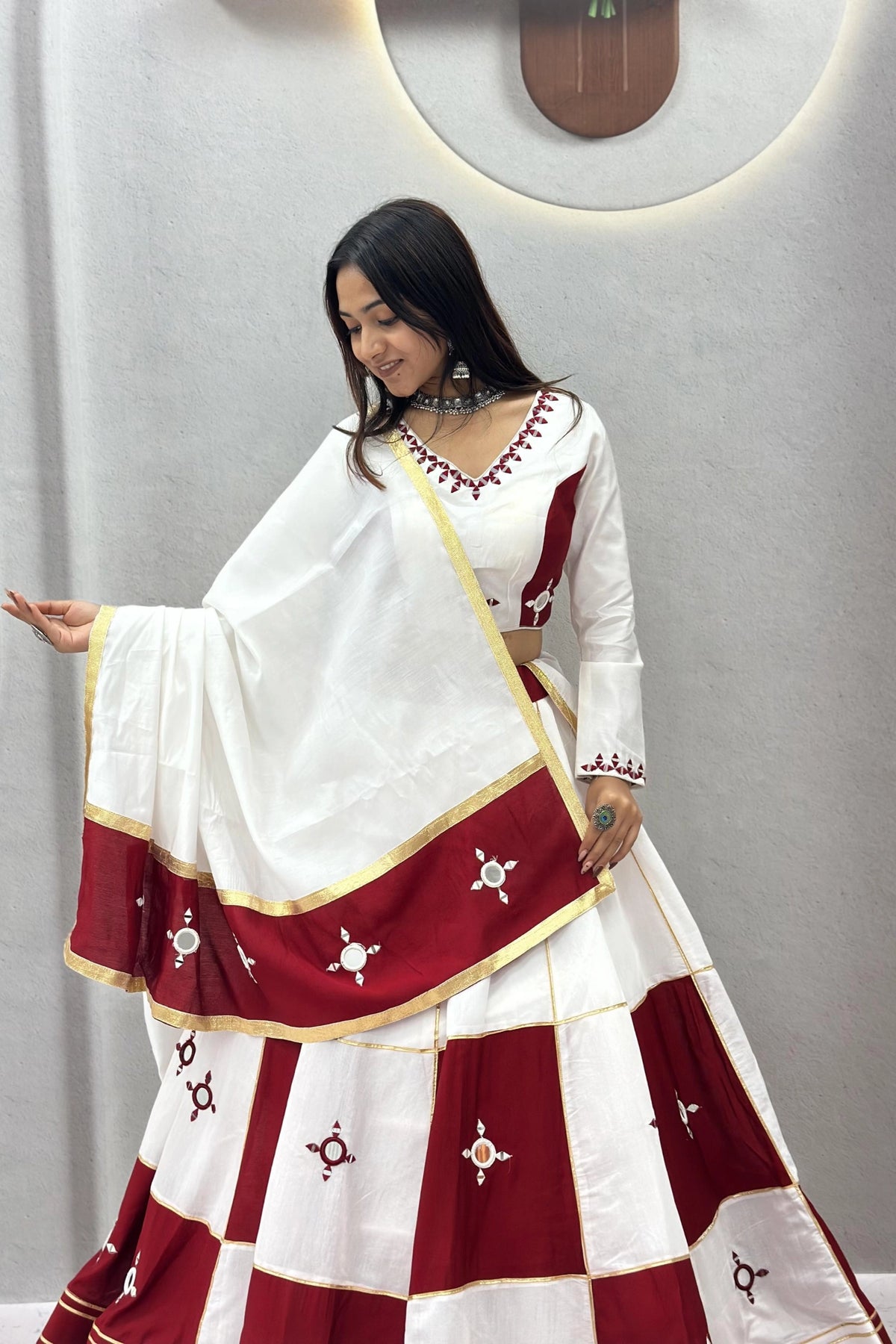 Ivory & Wine Panelled Lehenga Choli Set