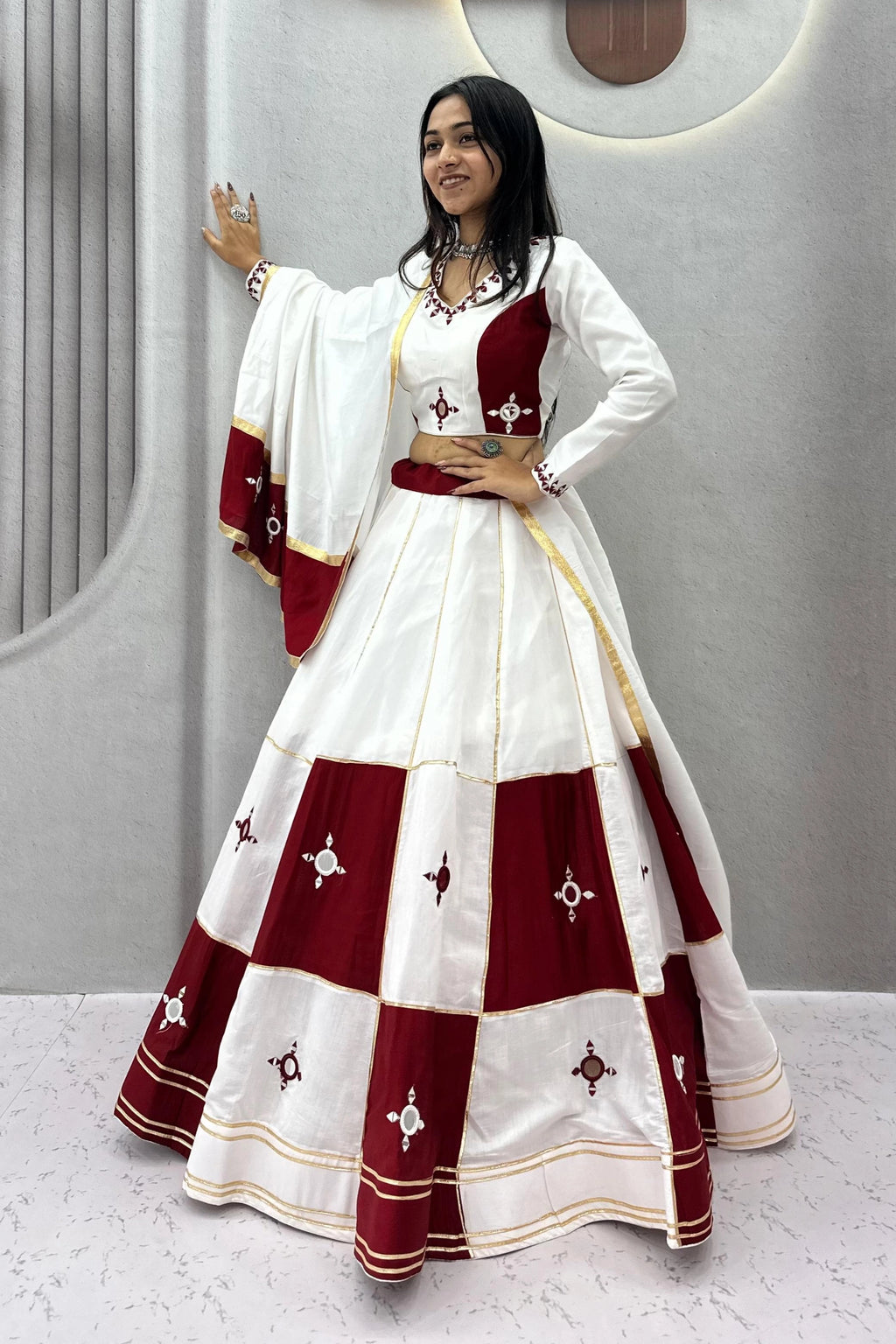 Ivory & Wine Panelled Lehenga Choli Set
